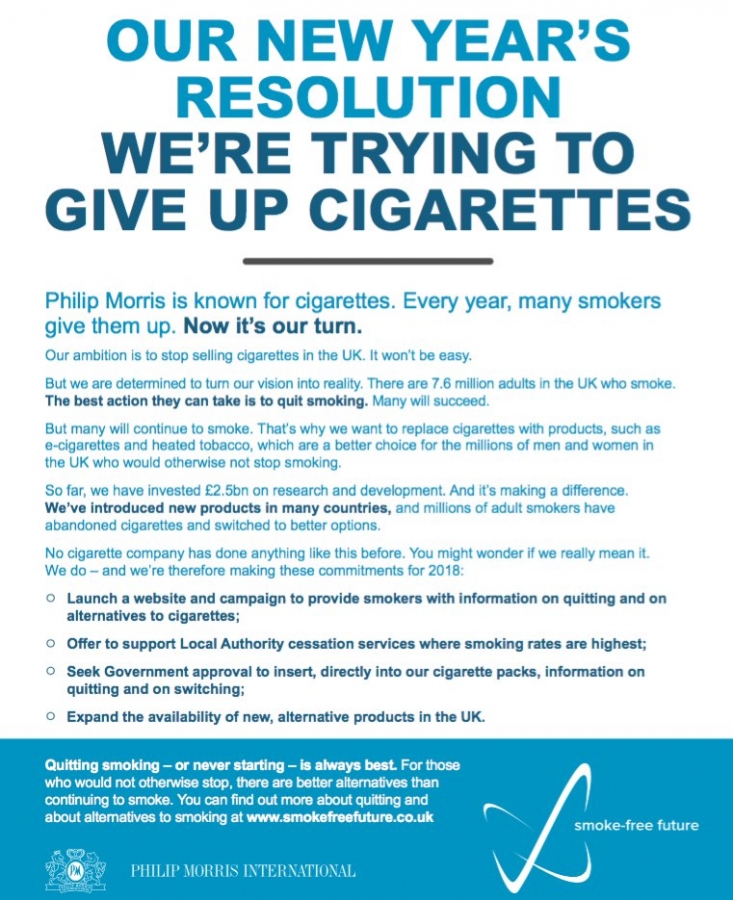Dejar el cigarro es el propósito de Año Nuevo de Philip Morris.
